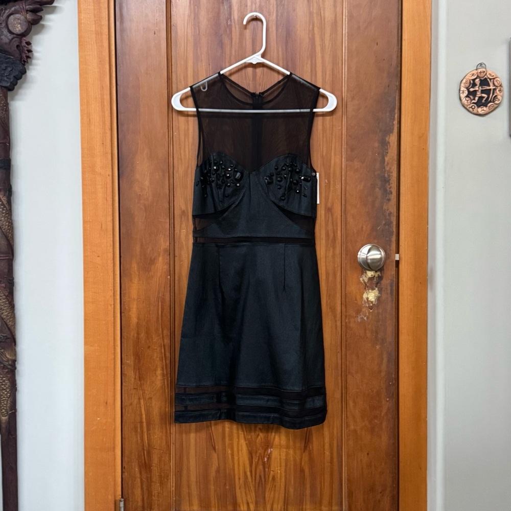 Mustard Seed Faux Leather and Mesh Black Sleeveless Cocktail Dress (xs)